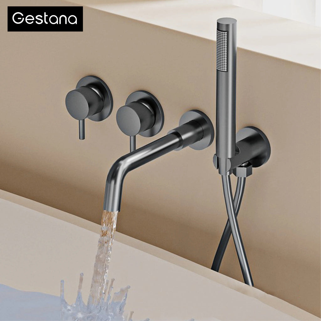 Mélangeur de Douche Mural Baignoire Minimaliste en Laiton Gris Anthracite avec Deux Poignées pour Eau Chaude et Froide, Double Fonction