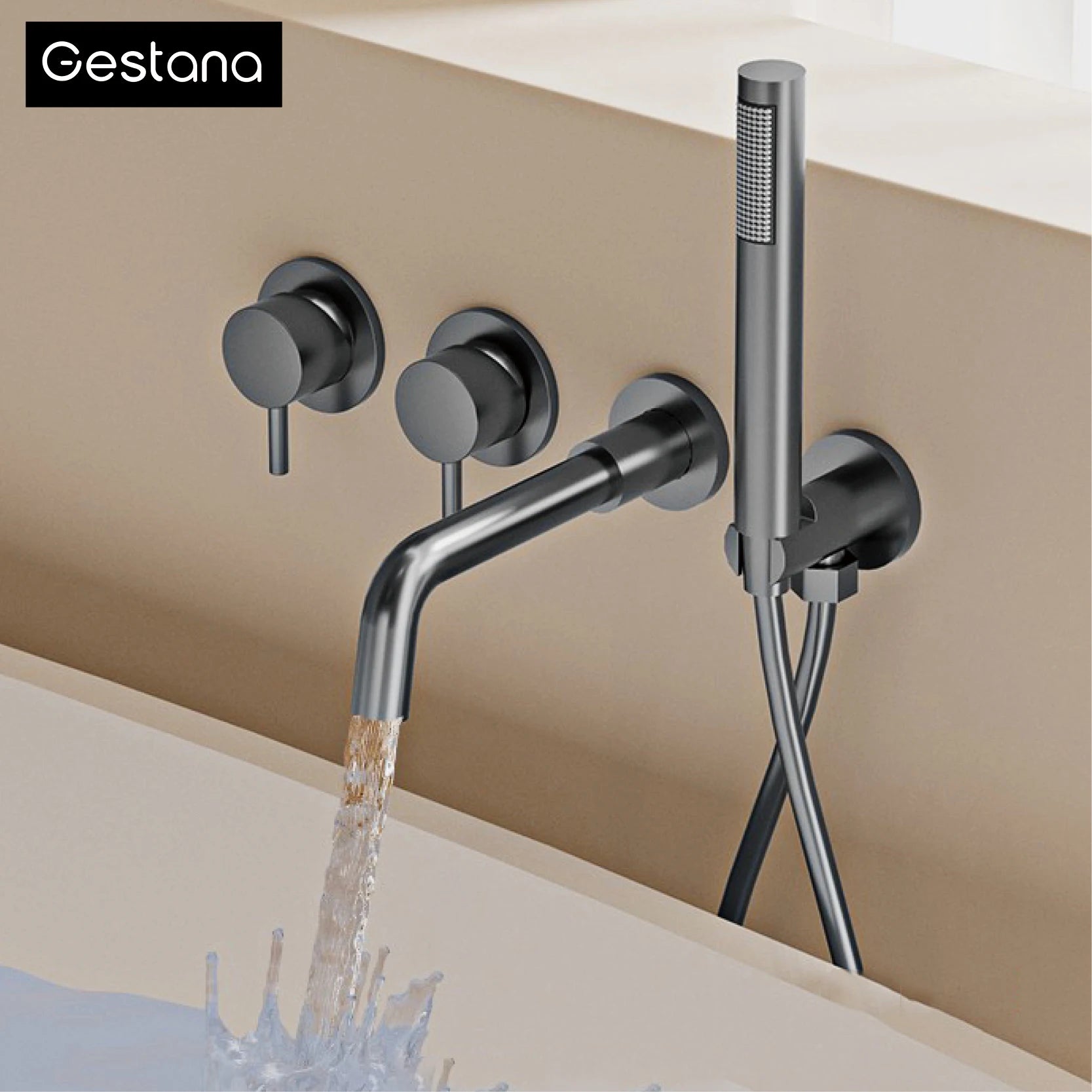Mélangeur de Douche Mural Baignoire Minimaliste en Laiton Gris Anthracite avec Deux Poignées pour Eau Chaude et Froide, Double Fonction