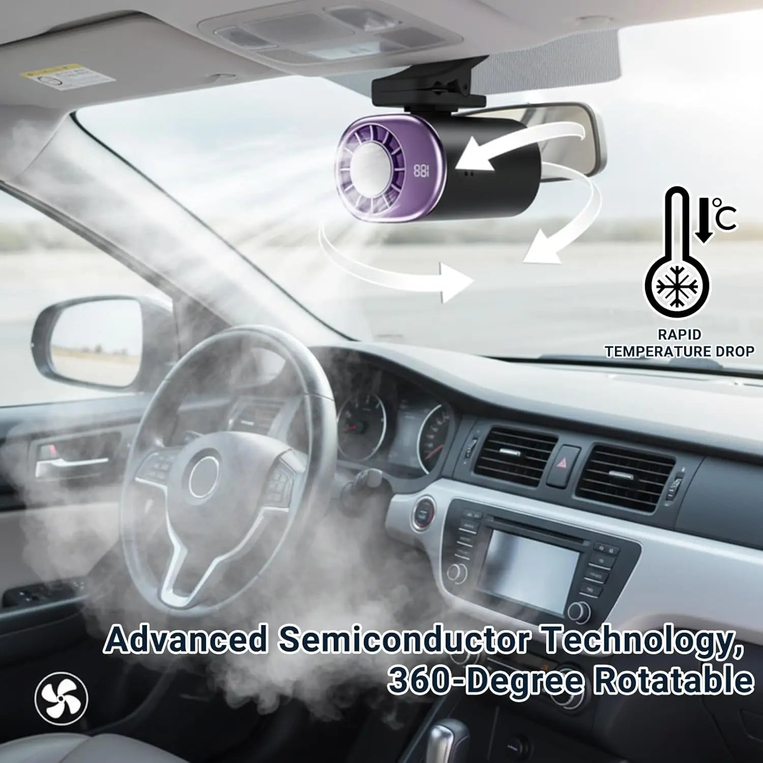 Ventilateur de climatisation portable à clipser pour voiture 2026 avec rotation à 360°, 199 vitesses réglables, rechargeable par USB, écran LED pour