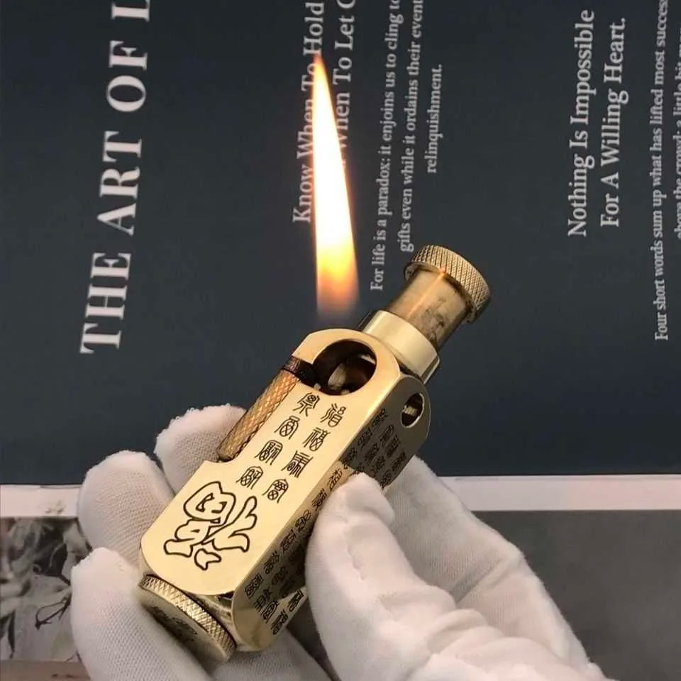 Luxury Heavy-duty Trench Shaped Brass Lighter with Laser Carved Hexagonal Patterns, Personalized Retro Creative Lighter