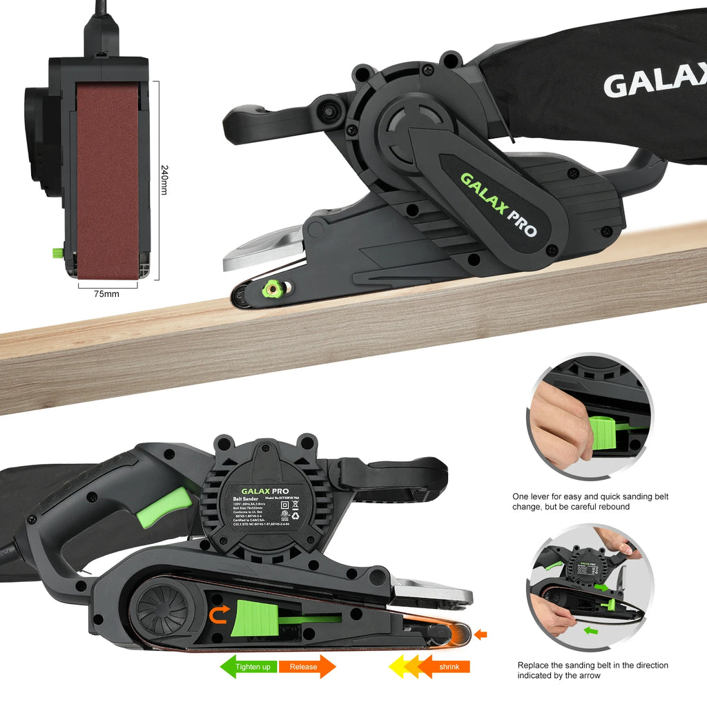 Ponceuse à bande GALAX PRO 1010W avec contrôle de vitesse et sac à poussière (raccord aspirateur) ponceuse avec meule pour le travail du bois