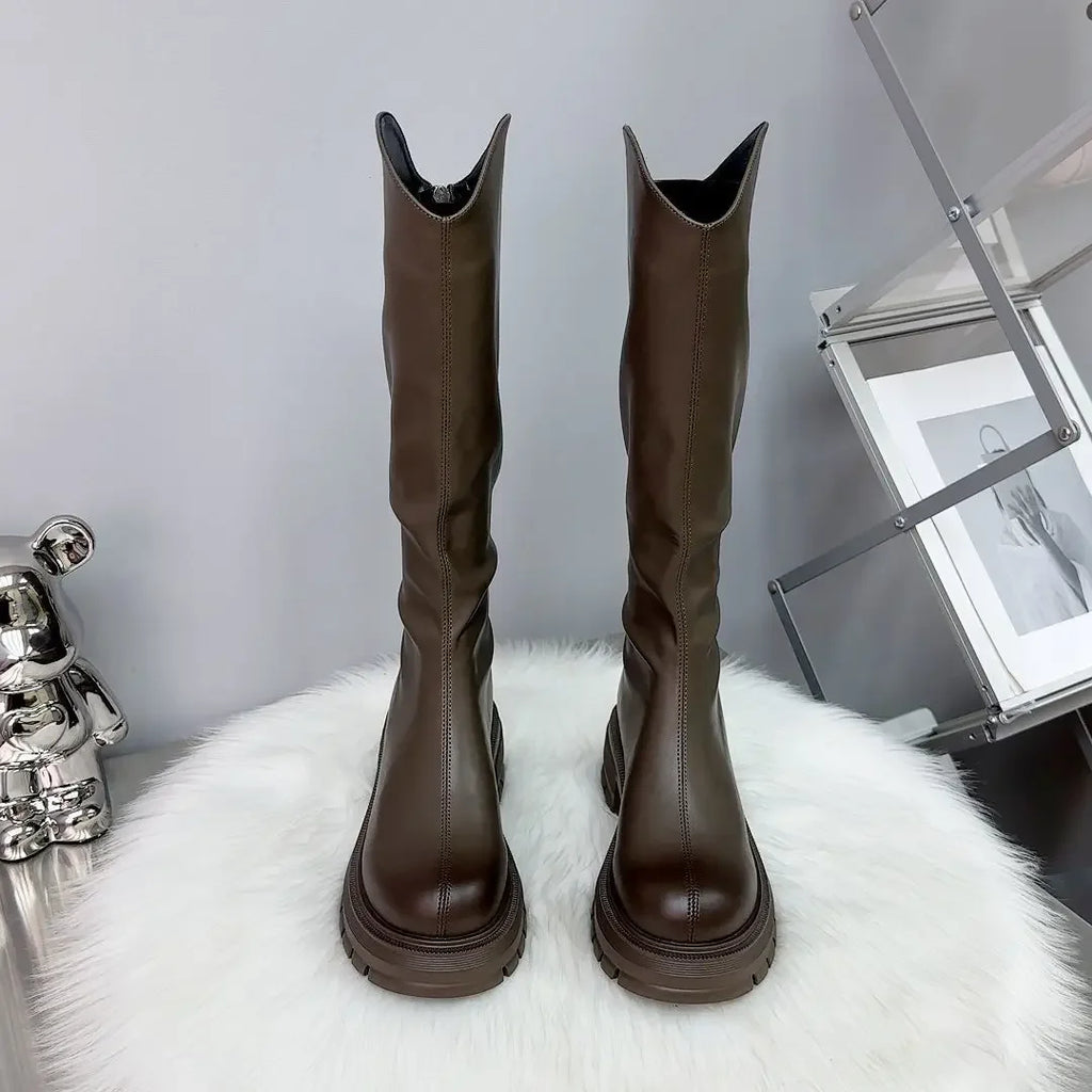 2025 Woman's Boots Autumn New Fashion Platform Long Pipe Knight Boots Casual Women's Medium Heel Knee High Boots Botas Mujer