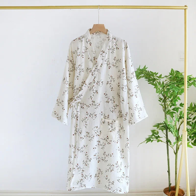 Cotton Fabric Bamboo Printed Sleepwear Bathrobes for Women Spring and Summer Double-layer Thin Home Clothing Pyjamas Robes