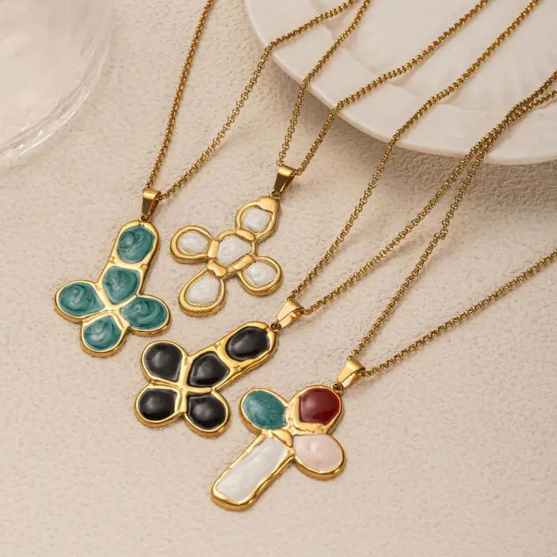 Stainless Steel Colorful Stone Cross Pendant Necklace for Men Women Punk Hiphop Drop Oil Gold Color Necklace Jewelry Accessories