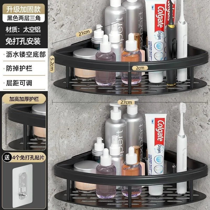 Organisateur de Rangement Étagère de Douche Étagère de Salle de Bain en Alliage d'Aluminium Support de Shampooing Maquillage Accessoires de Salle de Bain Étagère d'Angle Murale Sans Perçage