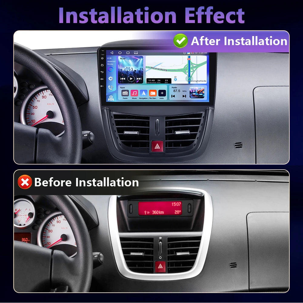Podofo  6+128G Wireless CarPlay Auto Car Radio for Peugeot 207 CC 207CC 2009-2013 Multimedia Player 2Din Car Stereo GPS 4G Wifi