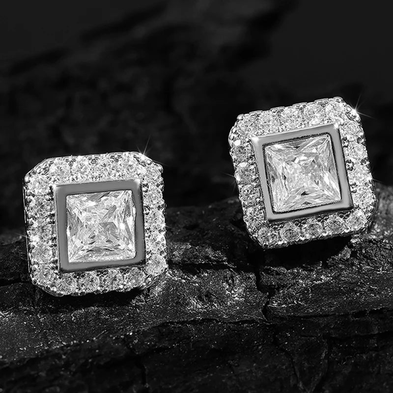 TrendMen Hiphop Rock Square Cubic Copper Zirconia Stud Earrings For Men Boy Silver Color Metal Crystal Earring Party Ear Jewelry