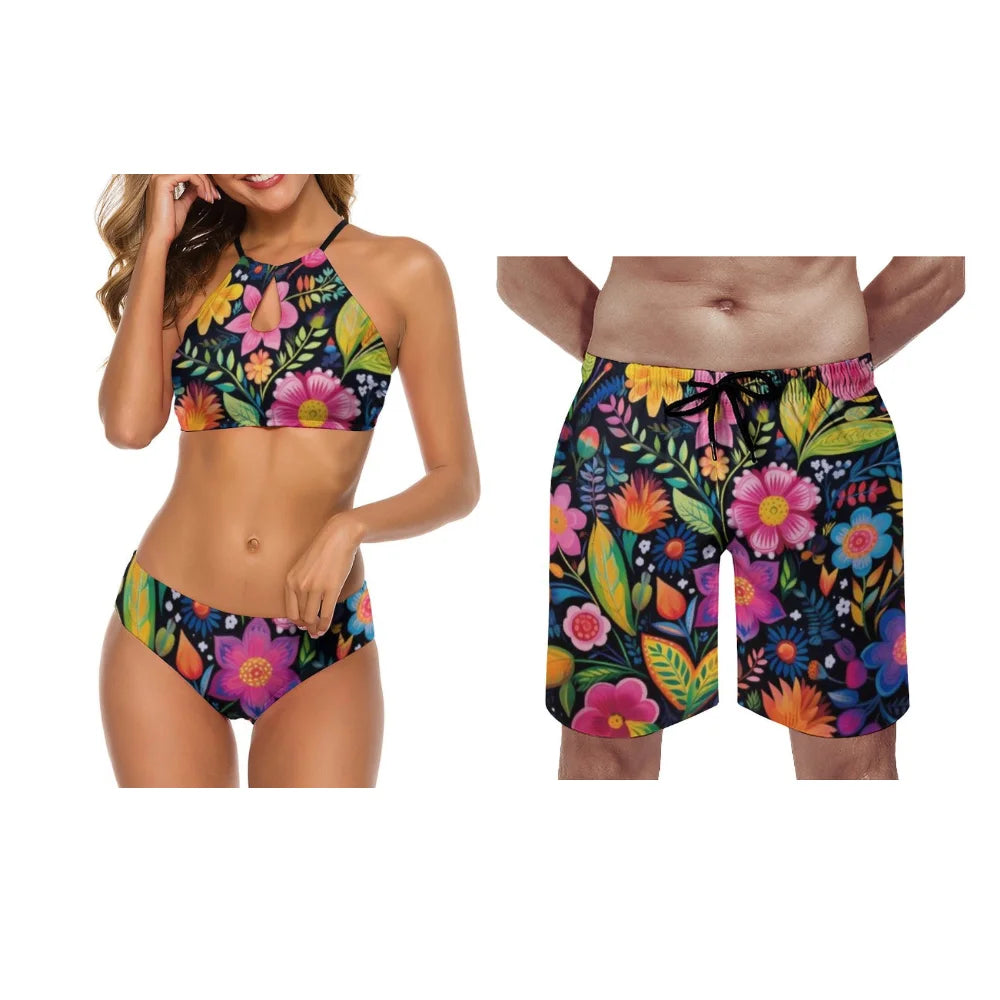 Maillots de bain d'été assortis pour couples, maillots de bain deux pièces pour femmes, motifs floraux d'été personnalisables