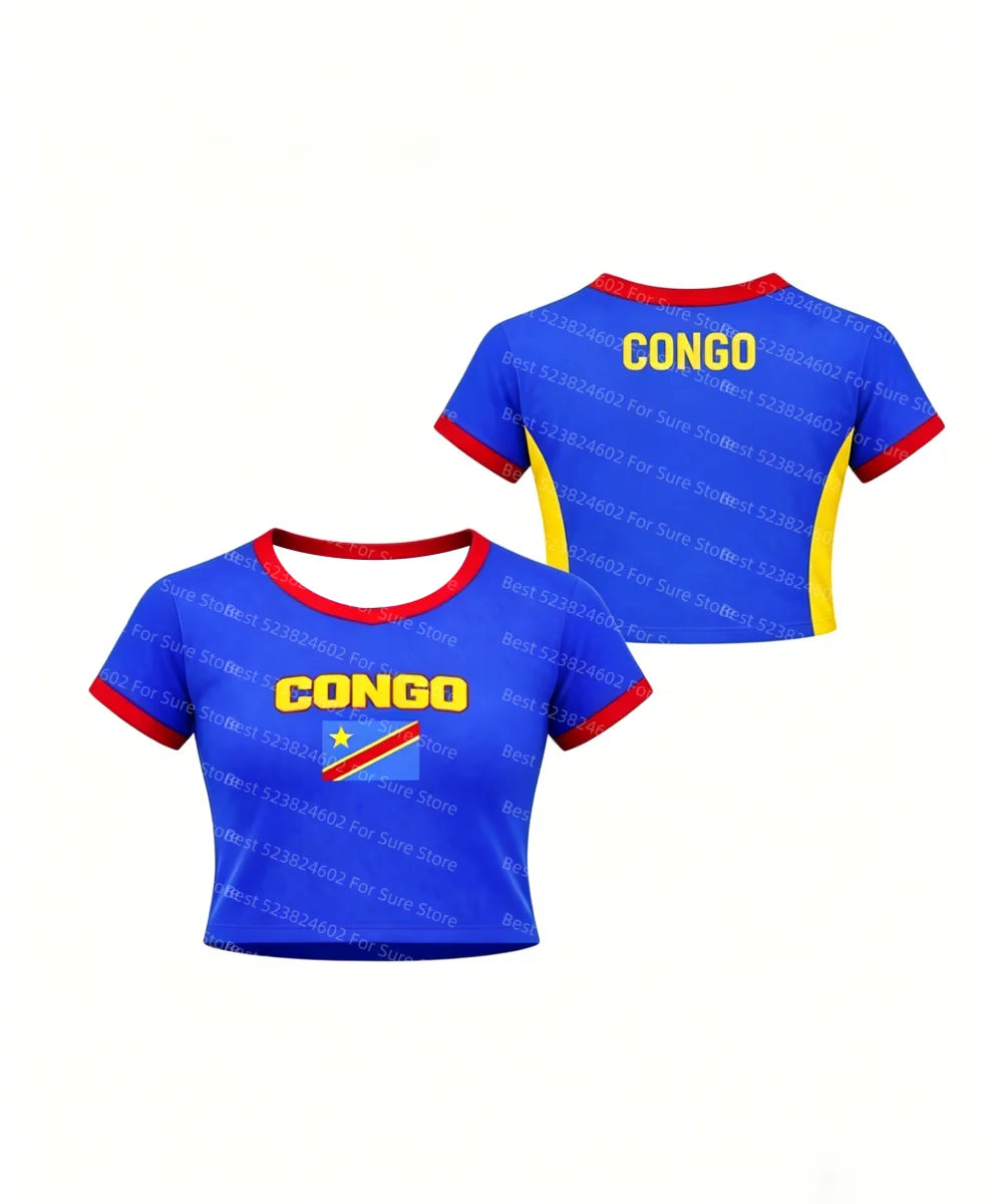 Women Congo Flag Crop Tops Short Sleeve Ringer T-Shirt Congolese Pride Sporty Tee for Football Fans Casual Sports Streetwear