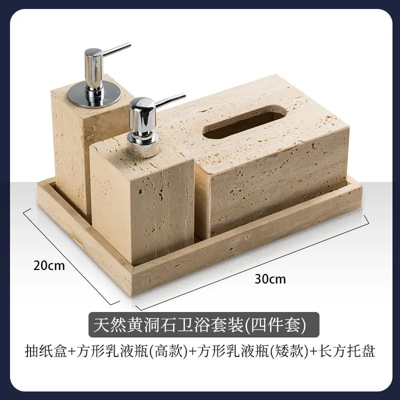 4Pcs Natural Travertine Bathroom Set Wabi Sabi Minimalist Soap Dispenser Tissue Box Luxury Hotel Show House Organizer Decor