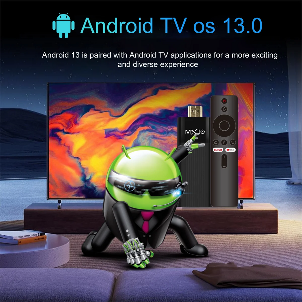 Clé TV Android Ultra HD 4K MX10-F3 Stick Mini Clé TV H313 Quad Core Supporte le double Wifi 2.4/5G 2Go RAM 16Go ROM