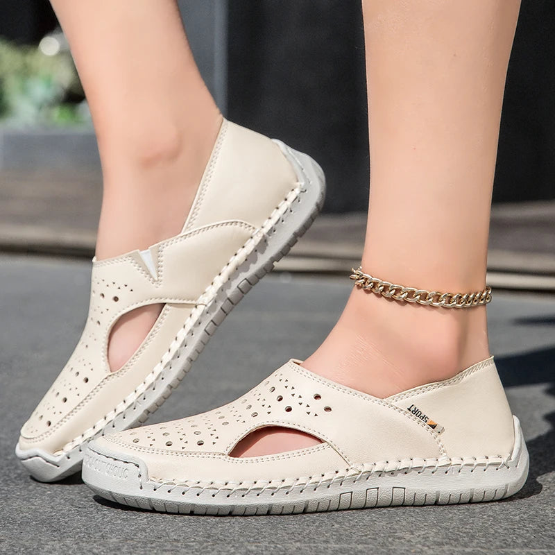 Unisex Sandals Hand Sewn Leather Hollow Out Outdoor Casual Shoes Comfortable Soft Summer Fashion Street Walking Shoes Women