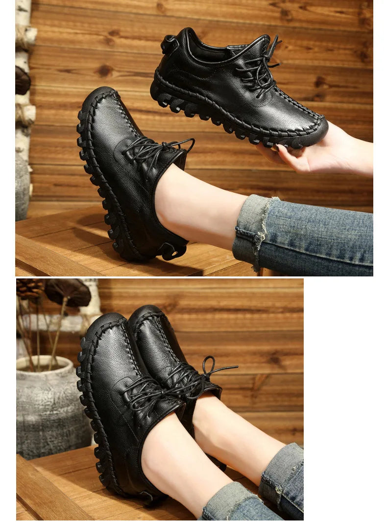 Handmade Genuine Leather Women Shoes Fashion Casual Sneakers Retro Flats Ladies Lacing Loafers Breathable Vulcanized Shoes