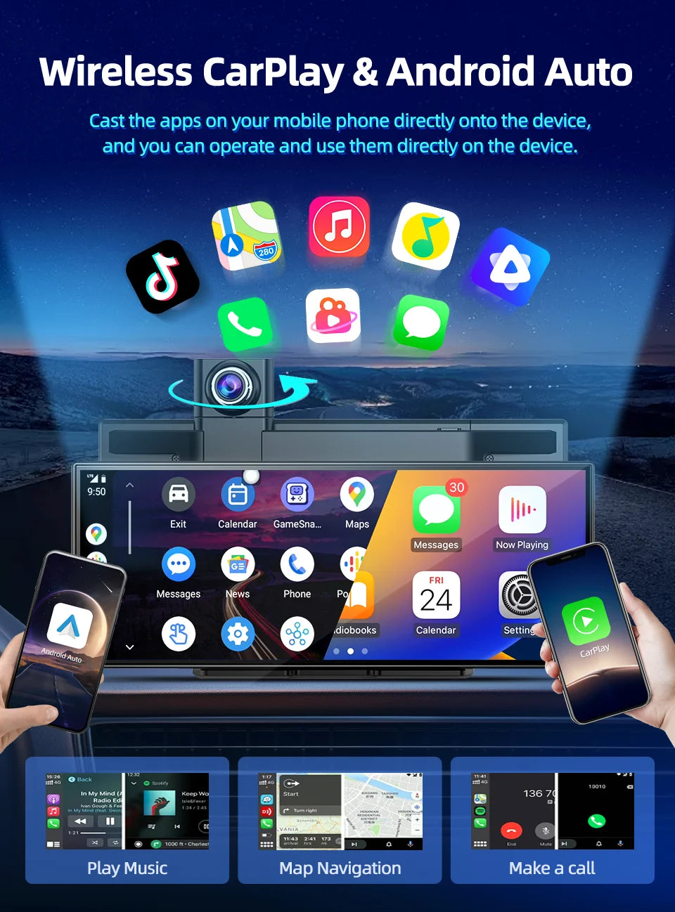 Imagebon H70 Plus 11.4" 4K QLED Car DVR Wireless CarPlay & Android Auto ADAS Dash Cam WiFi AUX GPS Navigation Loop Recording
