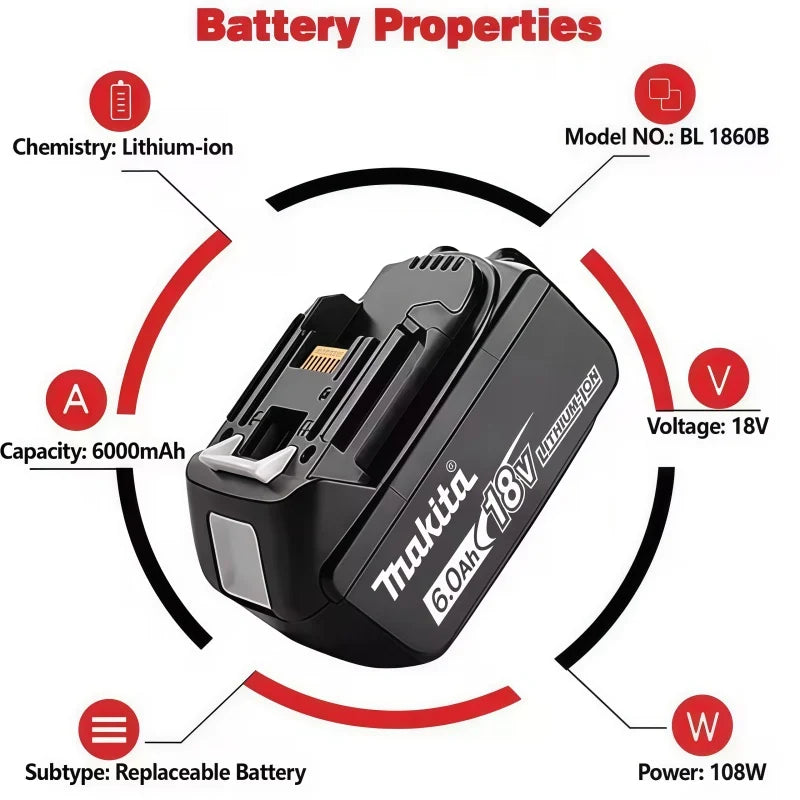 Genuine Makita 18V LXT 6.0Ah Li-ion Rechargeable Battery, Replacement for BL1840 BL1850 BL1860 Power Tool Battery
