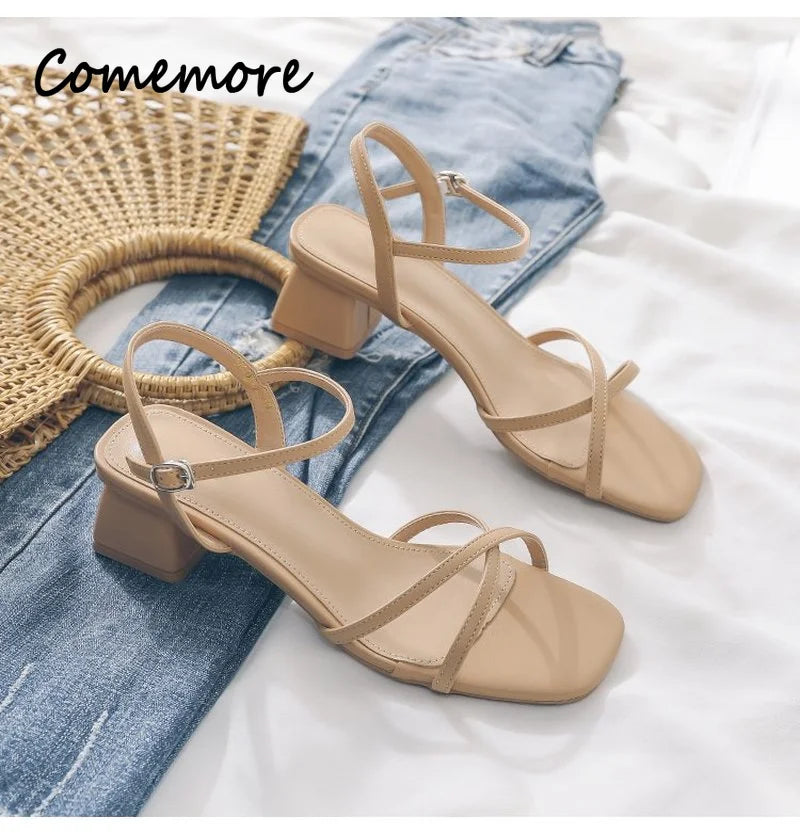 Comemore Comfortable 2023 Summer Block Heel Women's Sandals Girl Shoes Black Outer Wear Fashion Elegant Medium Heels Footwear 40