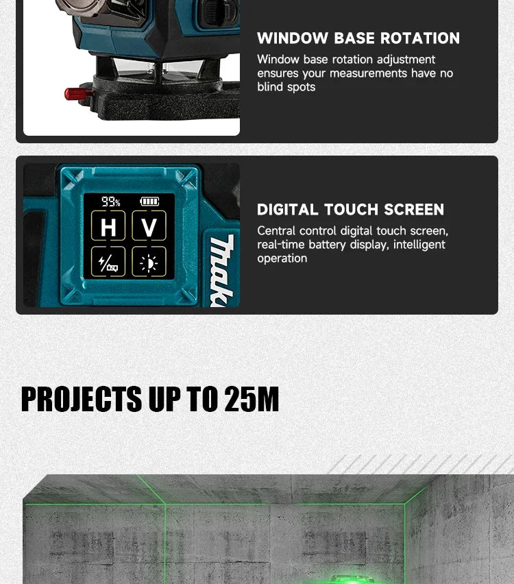Makita Digital Laser Level 360-Degree X4 16-Line Self-Levelling Outdoor Vertical Cross-Line Tool for Precision Measurement