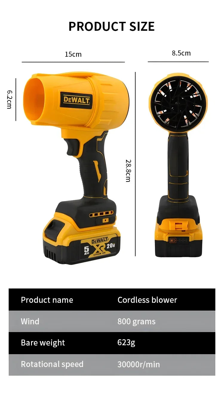 DEWALT Cordless Air Blower Brushless Turbo Fan Violent Fan 800G Thrust Handheld Dust Blowing Tool Rechargeable 20V Battery