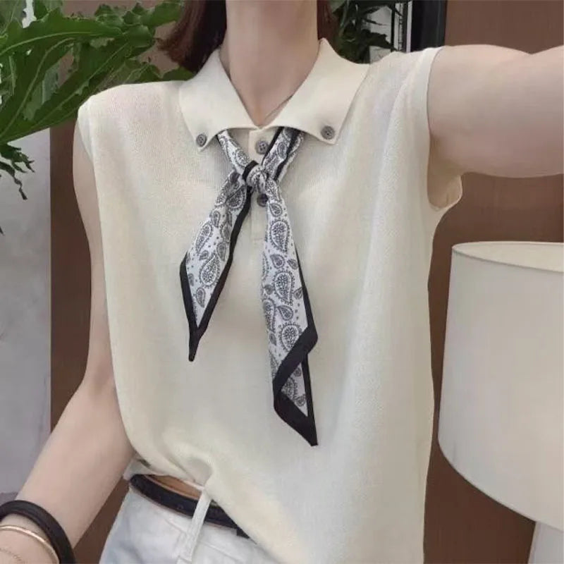 Women's Fashionable Summer 2026 Knitwear with Scarf Sleeveless Small Collar Trendy High-End Base Shirt Top