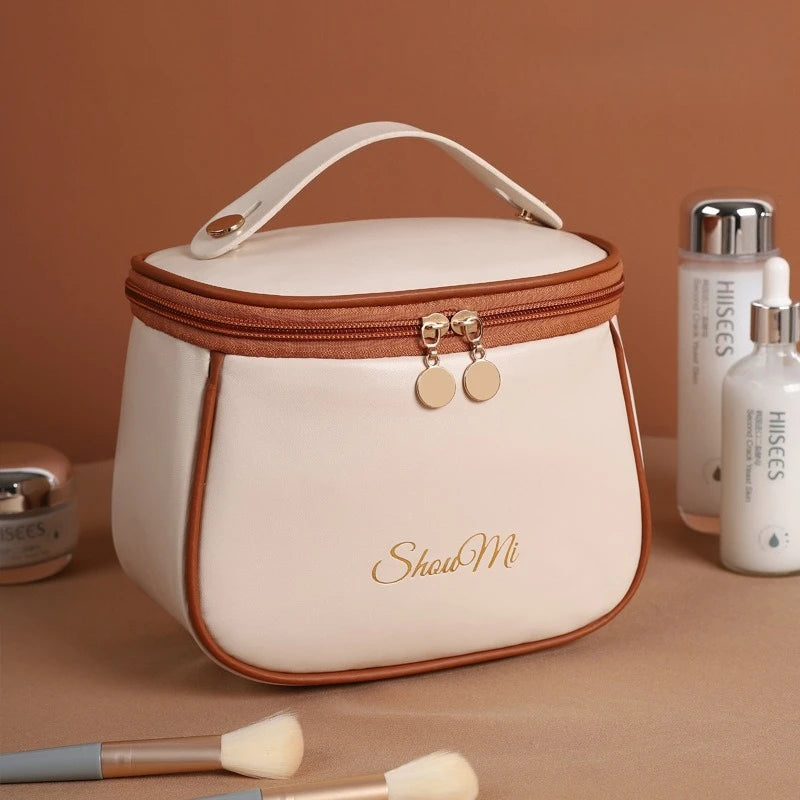 New Makeup Bag Soft PU Large Capacity Makeup Bag Storage Bag Portable Waterproof Multi layer Storage Cream like Leather