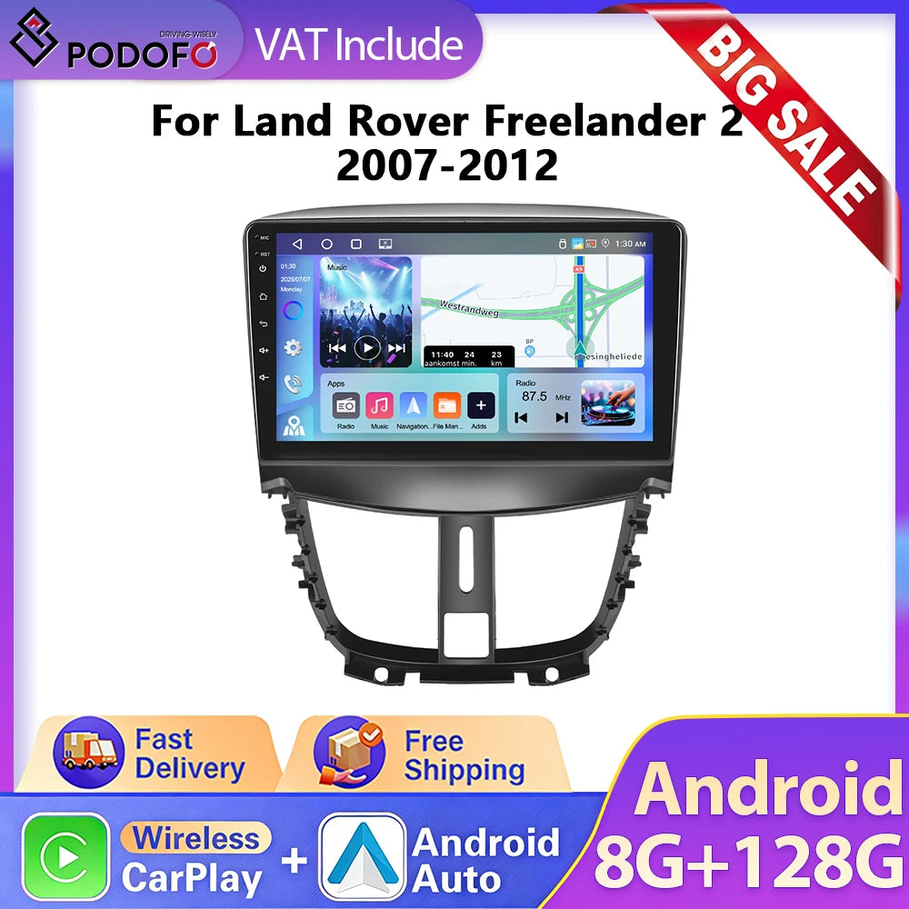 Podofo  6+128G Wireless CarPlay Auto Car Radio for Peugeot 207 CC 207CC 2009-2013 Multimedia Player 2Din Car Stereo GPS 4G Wifi