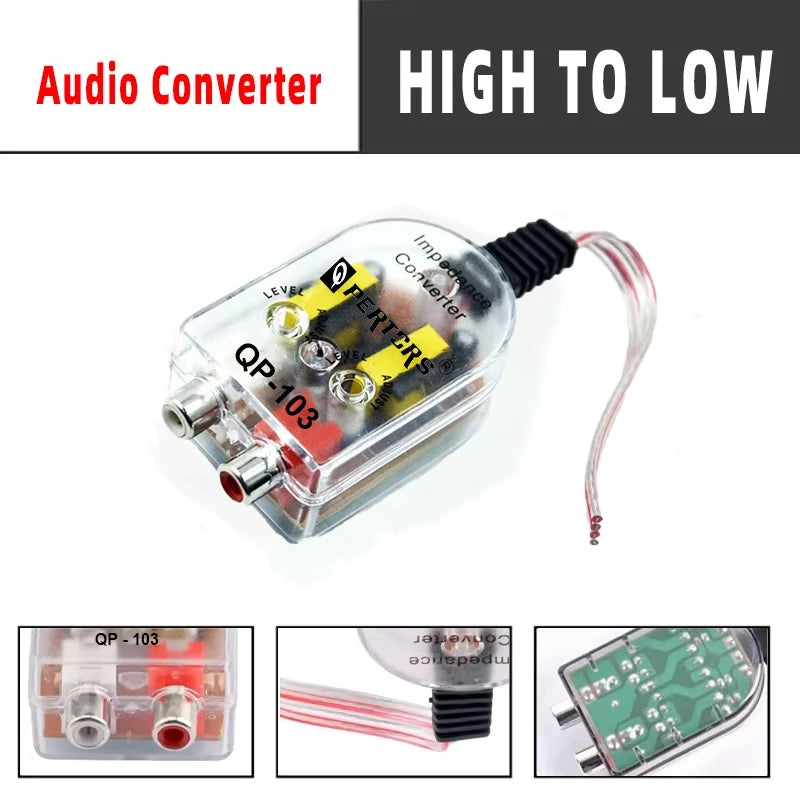 Car Subwoofer Impedance Converter, High to Low Level Audio Output RCA Adapter, Uncharged Power Mode, Universal Fit Car Audio Acc
