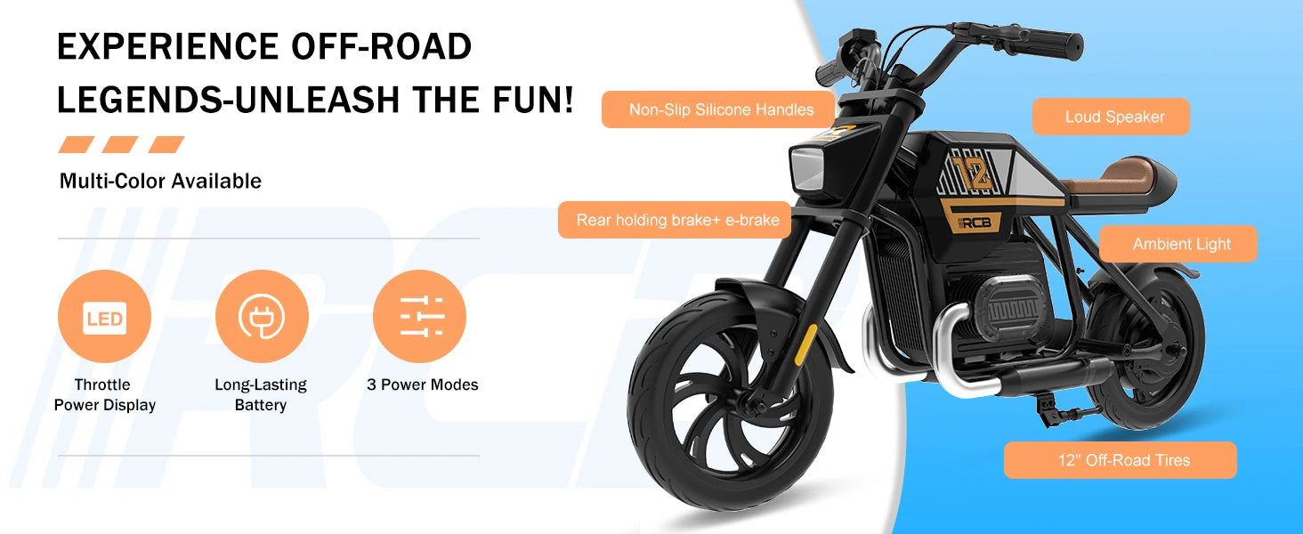 RCB R9 Motorbike electric kids motor, motor W IP54, 24V 5.2Ah, 12-15km, 3-speed, 12-inch tyre, Bluetooth music, as early as 4 years
