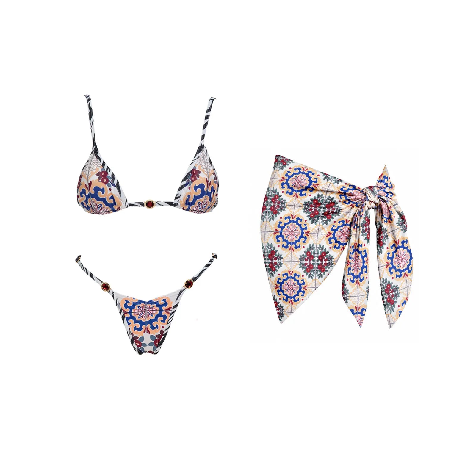 Maillot de bain 3 pièces push-up 2026 à imprimés rétro avec pantalon en maille, maillot de bain sexy pour femme, paréo de plage à bretelles