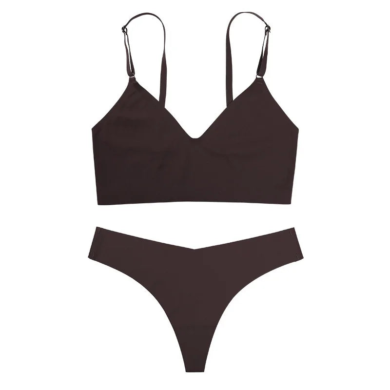 Ensemble de Soutien-Gorge Sans Couture Femme Lingerie Ensemble String Taille Basse en V Culotte Soutien-Gorge Triangle Sans Armature Brassière Ensemble de Sous-Vêtements Sexy Femme