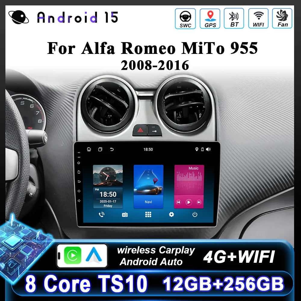 Android 15 Car Radio Stereo For Alfa Romeo MiTo 955 2008-2016 Auto Cireless Carplay GPS Navigation Multimedia Video Player 2Din