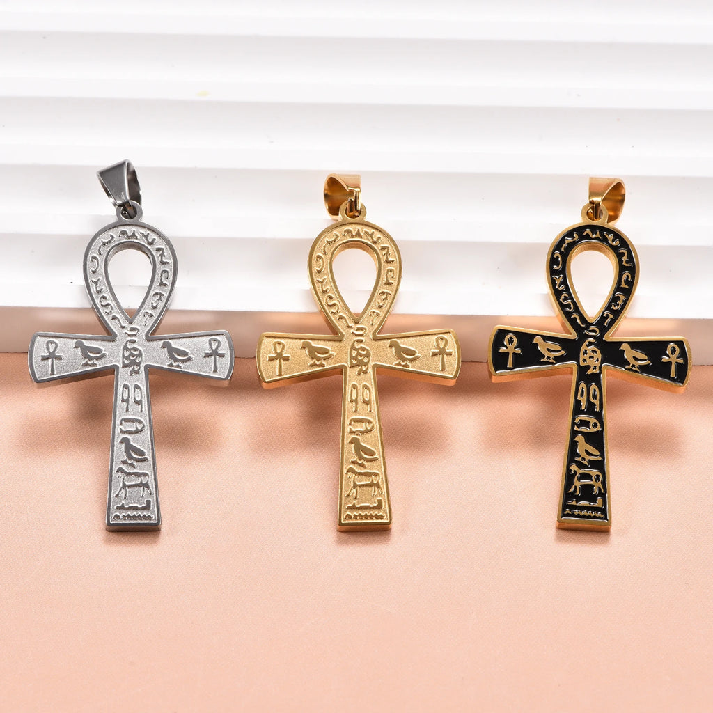Stainless Steel Ancient Egyptian Ankh Cross Pendant Necklace Silver/Gold Color Painted Bird Animal Totem Jewelry Gift