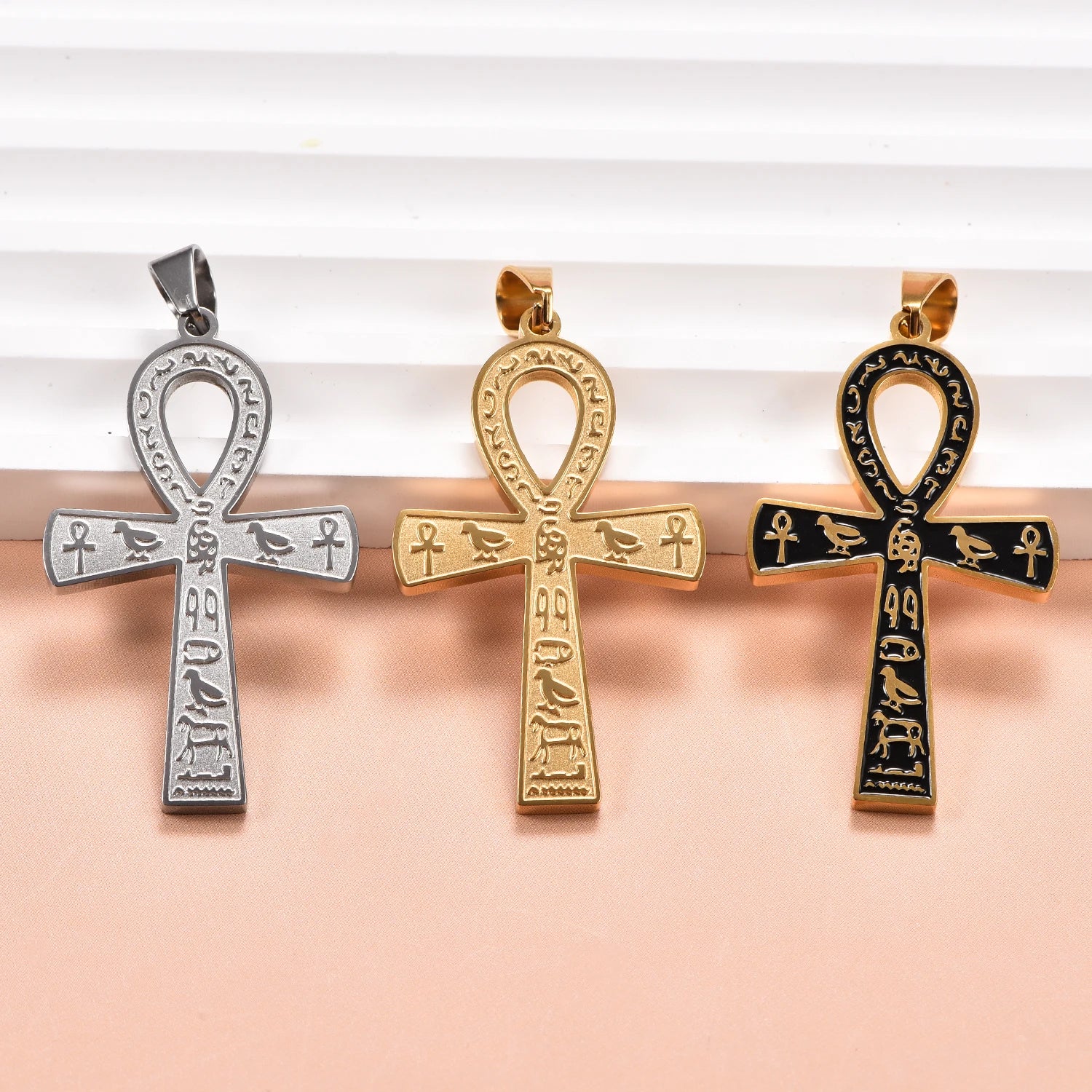 Stainless Steel Ancient Egyptian Ankh Cross Pendant Necklace Silver/Gold Color Painted Bird Animal Totem Jewelry Gift