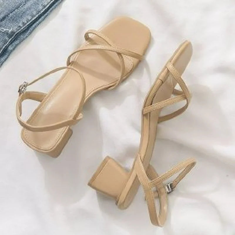 Comemore Comfortable 2023 Summer Block Heel Women's Sandals Girl Shoes Black Outer Wear Fashion Elegant Medium Heels Footwear 40