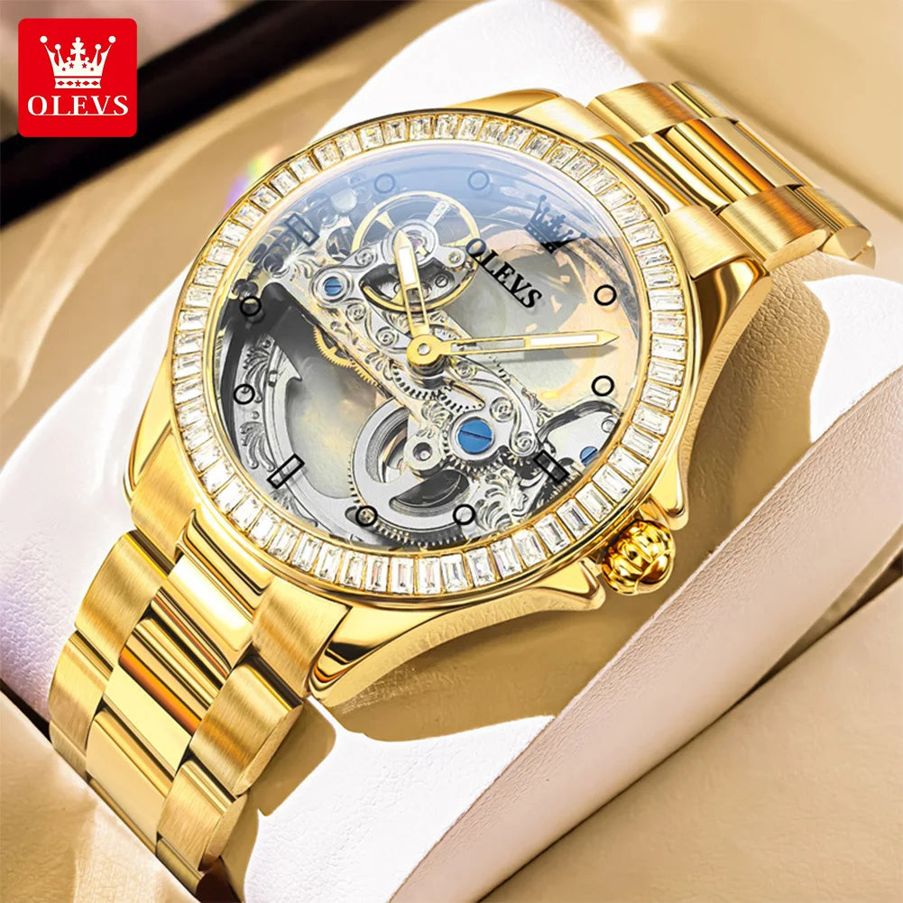 OLEVS Fully Hollowed Watches for Women Automatic Mechanical Women's Watches Luxury Stainless Steel Diamond Inlay Wristwatch 6699