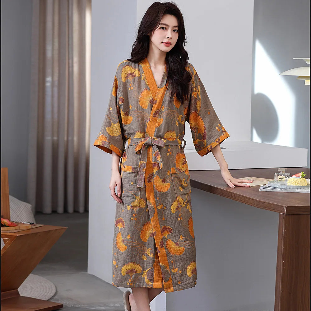 Spring and Summer Thin Cotton Double-layer Bathrobe Pajamas Home Wear Ladies's Absorbent Quick Drying Yukata Robes