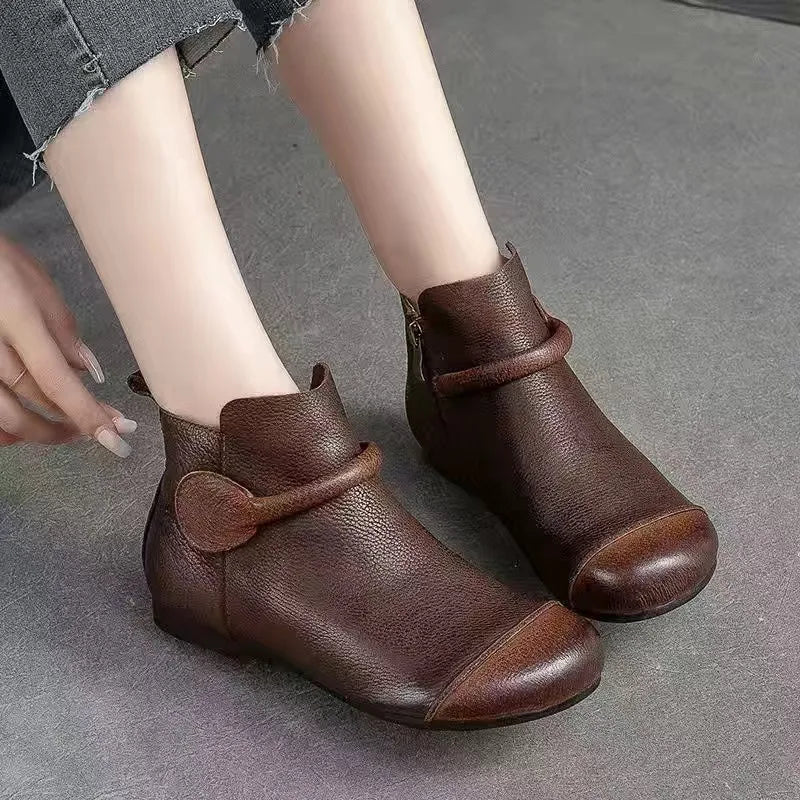Retro Women Short Ankle Boots Autumn Winter Faux Cow Leather Slip-on Shoes Handmade Round Toe Light Weight Flat Booties