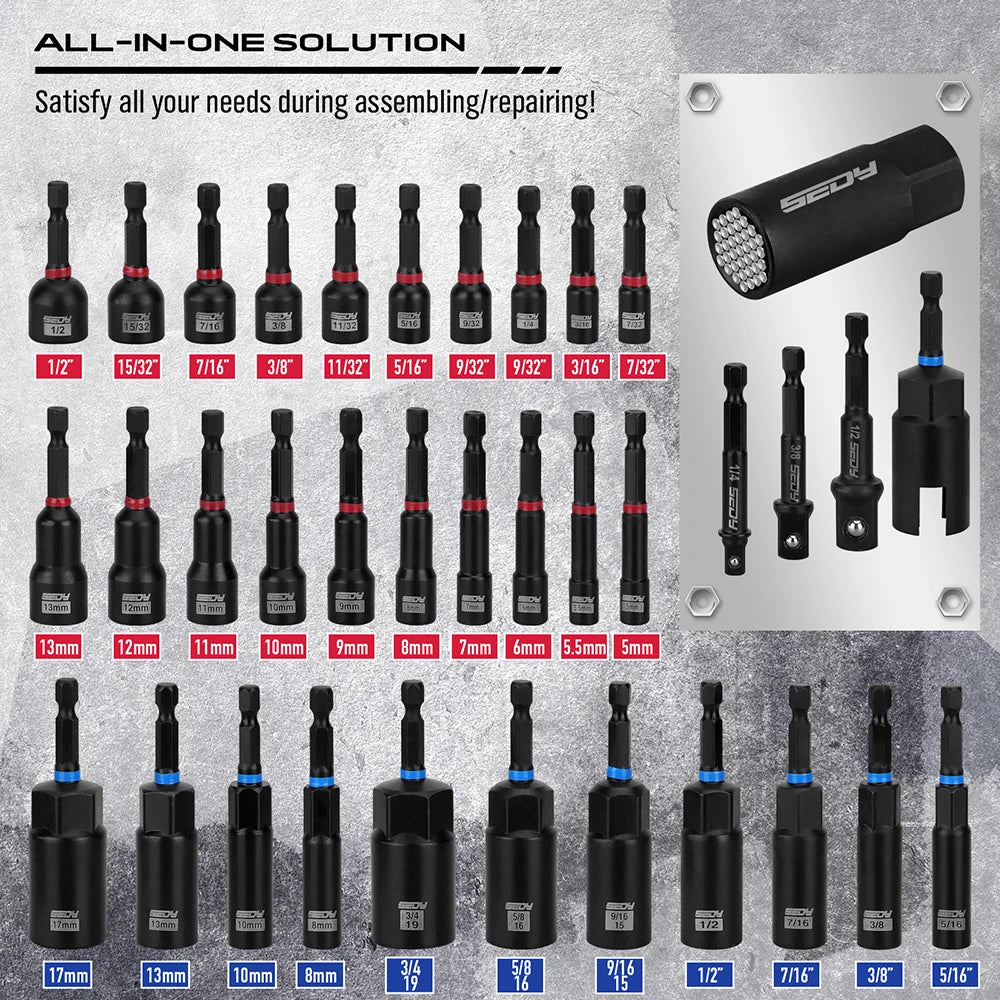SEDY 80-Piece Premium Magnetic Impact Nut Driver Set Metric & SAE with Socket Adapters, Bit Holder, Wing Nut Driver, Power Bits