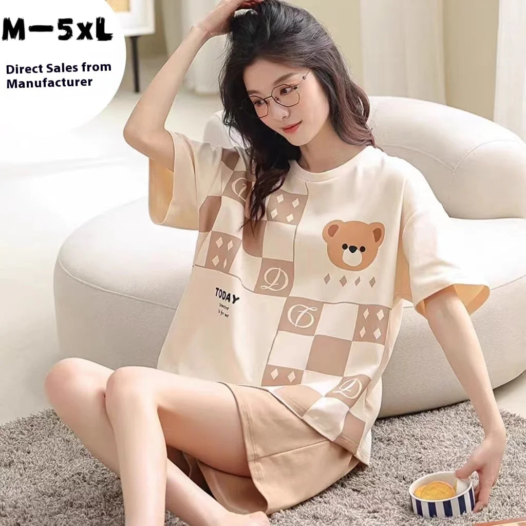 Women's Summer Short-Sleeved Short Pants Set, Youthful Teenage Student Oversized Loose-Fitting Casual Homewear Summer Set