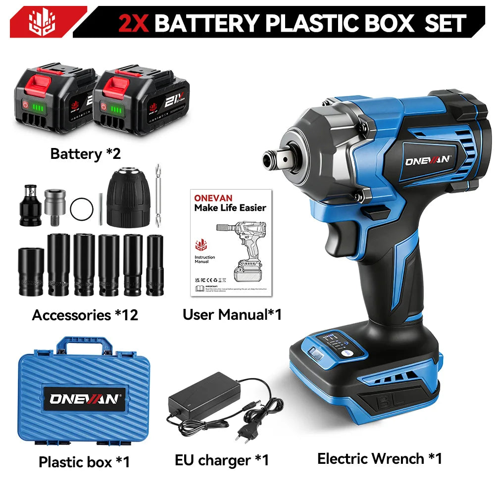 Clé à chocs électrique sans fil sans balais ONEVAN 1200Nm, douille de clé rechargeable 1/2 pouce, outil électrique pour batterie Makita 18V à broche