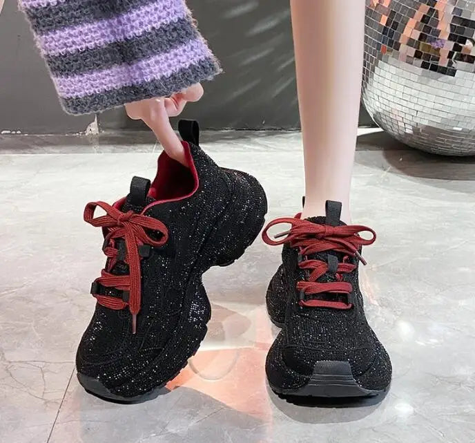 Luxury Women Bling Running Shoes Chunky Sneakers Fashion Casual Genuine Leather Breathable Height Increased Flat Platform Shoe