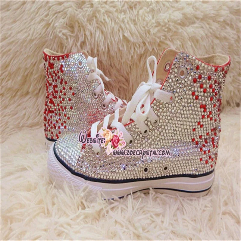 High top lace up red rhinestones creative canvas shoes for women banquet wedding all casual sports big size women's shoes 35-44