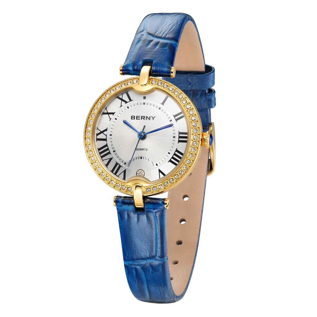 BERNY Women's Watches Luxury Slim Elegant Ladies Dress Quartz Watch Fashion Stones Domed Glass Girls Business Daily Wristwatch