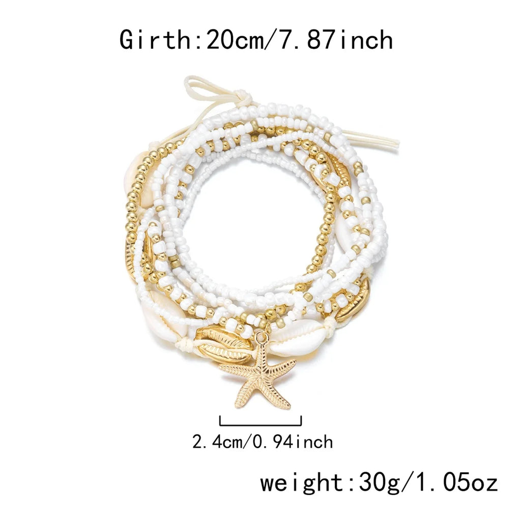 Metal Starfish Pendant Anklets Set For Women Men Trendy Sea Star Multilayer Rice Beaded Foot Chain Summer Beach Vacation Jewelry