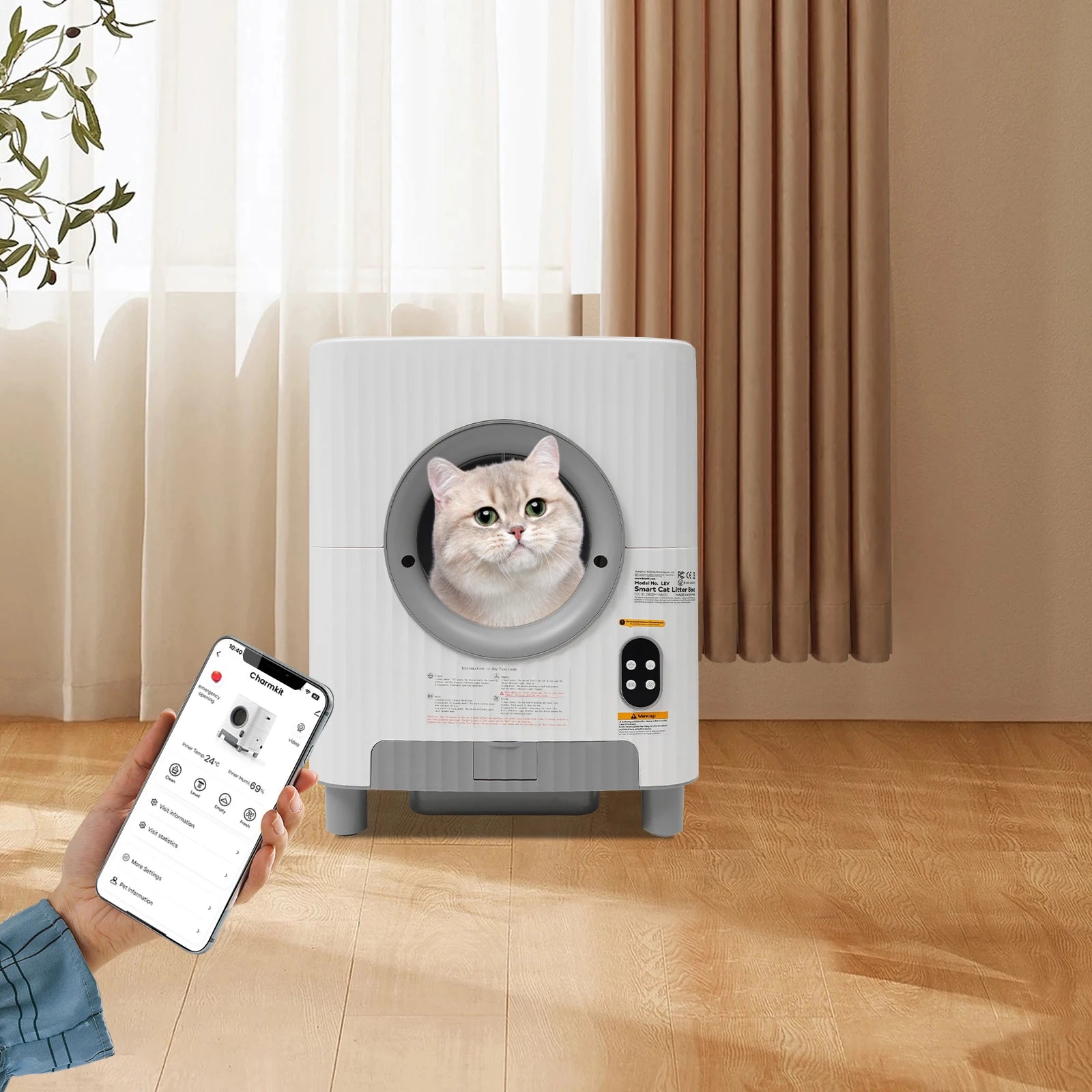 Automatic Cat Litter Box 68L Large Capacity Self-Cleaning Smart Cat Toilet 14.96Gal with Negative Ion Sterilization WiFi Bluetooth APP Control Detachable Roller Odor Control Pet Potty for Multi-Cat Household Home Pet Cat Care