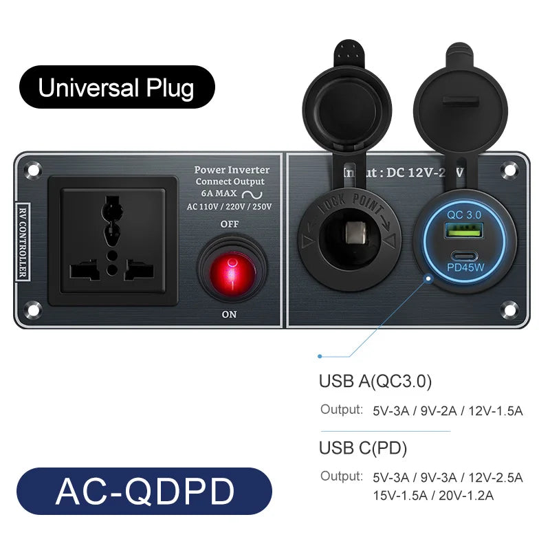 Car Charger Multi-Functions Aluminum Panel Inverter AC110V 220V Dual Port USB QC3.0 12V 24V for RV Yacht Travel Trailers