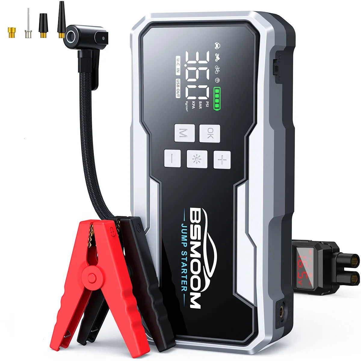 1500A car starter with air compressor, tire inflator without thread, battery booster with external battery pack and LED flashlights, 12V Automatic Start box for tous 10.0L petrol or diesel vehicles
