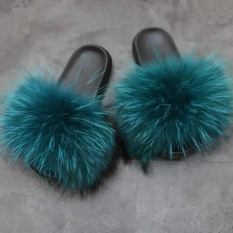 Real Raccoon Fur Slippers For Women 2023 Summer Fluffy Indoor House Fuzzy Flat Slides Outdoor Fashion Beach Sandals Flip Flops