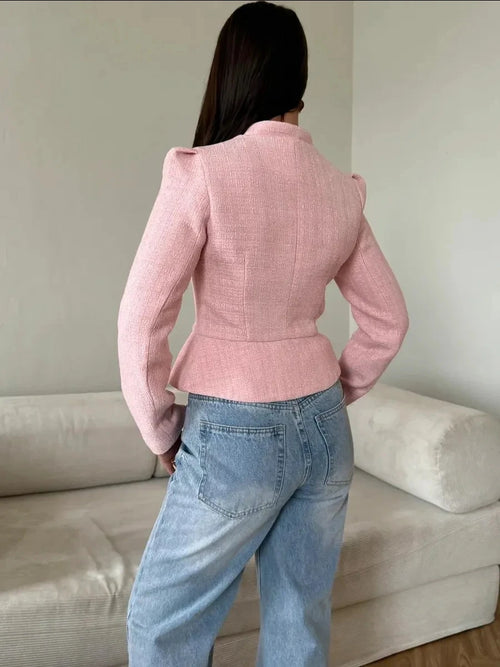 Veste en Tweed Femme Automne 2026 Élégante Col Montant Boutons Perles Manteau Court Manches Bouffantes Style Français