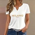 Fashion Casual T-shirt V Neck Milano Italia Letter Printed T Shirts Women Short Sleeve Tee Shirt V-Neck Summer Spring Tops