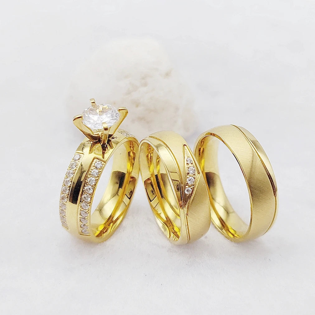 3pcs Matte Titanium Jewelry Italian Women 24k Gold Plated Ring Cz Diamond Ring Marriage Wedding Proposals Bridal Sets Couples